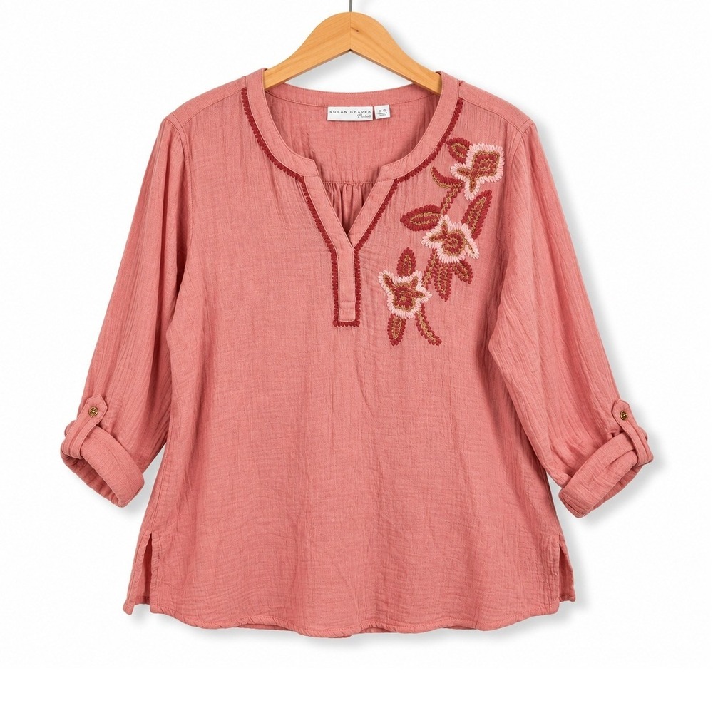 Susan Graver Tunic Womens Small Petite Rich Cantaloupe Gauze Embroidered A691318